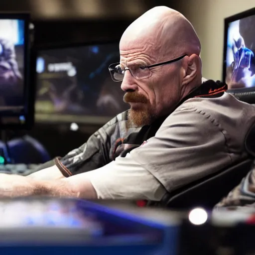 Image similar to walter white intensely gaming at esports tournament infront of crowd