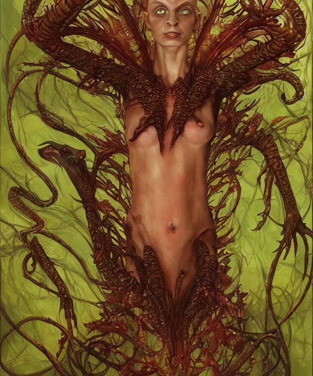 Prompt: portrait photograph of a fierce bald sadie sink as an alien harpy queen with slimy amphibian skin. she is trying on evil bulbous slimy organic membrane fetish fashion and transforming into a fiery succubus amphibian villian. by donato giancola, walton ford, ernst haeckel, brian froud, hr giger. 8 k, cgsociety