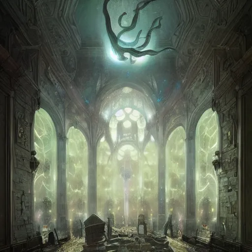 Prompt: eldritch legislature, fantasy, realistic colorful photography, interior, hyperrealism, incredible, award - winning photography, regal, rich colors, by greg rutkowski, lovecraftian, lavender