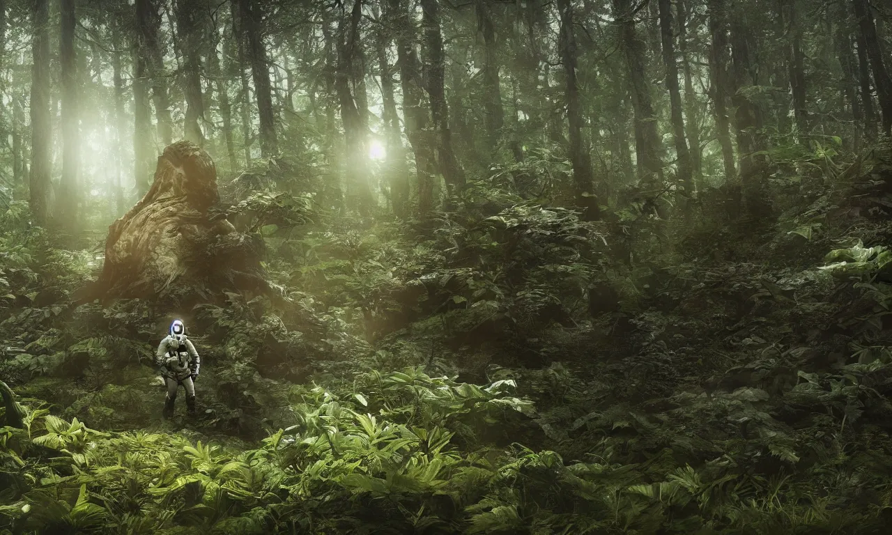 Prompt: prometheus astronaut in the forest with plants environment ,wide angle low, cinematic atmospheric lighthing, octane render, by craig mullin,