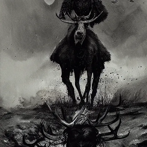 Prompt: portrait of a scary clown riding a moose, by peder balke by peder balke by greg rutkowski, by guido crepax by norman bluhm mystic high contrast monochromatic noir