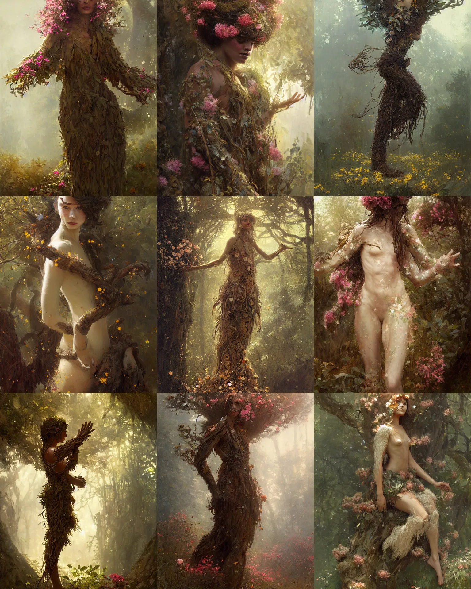Prompt: person made of tree, bark for skin, leaf hair, covered in flowers, fantasy character portrait, full body, greg rutkowski, gaston bussiere