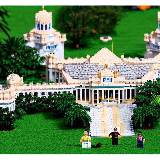 Image similar to mar - a - lago lego set, fbi agents on the lawn, raid, tilt shift photography