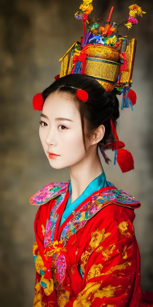 Image similar to photo portrait of chinese actress, beauty in traditional costume in real life by Steve McCurry, colorful, sharpen, 4k, 85mm, award winning, realistic, professional light