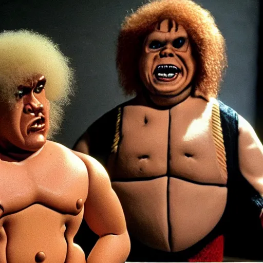 Image similar to screaming chucky doll wwf andre the giant bob ross