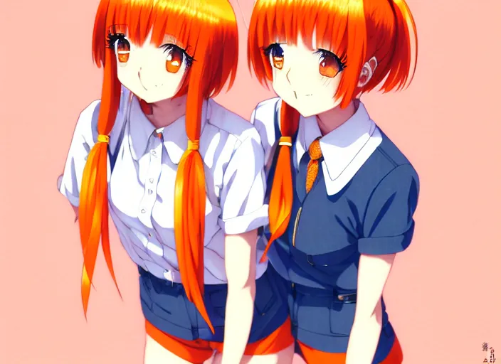 Image similar to anime girl with orange short hair in the form of two pigtails in the Soviet pioneer form,omoide emanon, tsuruta kenji, murata range,kawaii, kyoto animation, manga,katsura masakazu, intricate, detailed, studio lighting, gradation,editorial illustration, matte print, Ilya Kuvshinov