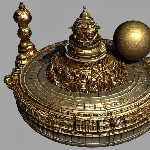 Image similar to hyper detailed hardsurface modelled 3 d geometry, houdini destruction of aminimalist design temple, tarnished gold sphere is far far in the distance, deep perspective, wide angle, insanely detailed and intricate,, eal, gold, silver red, paradise hospital environment,