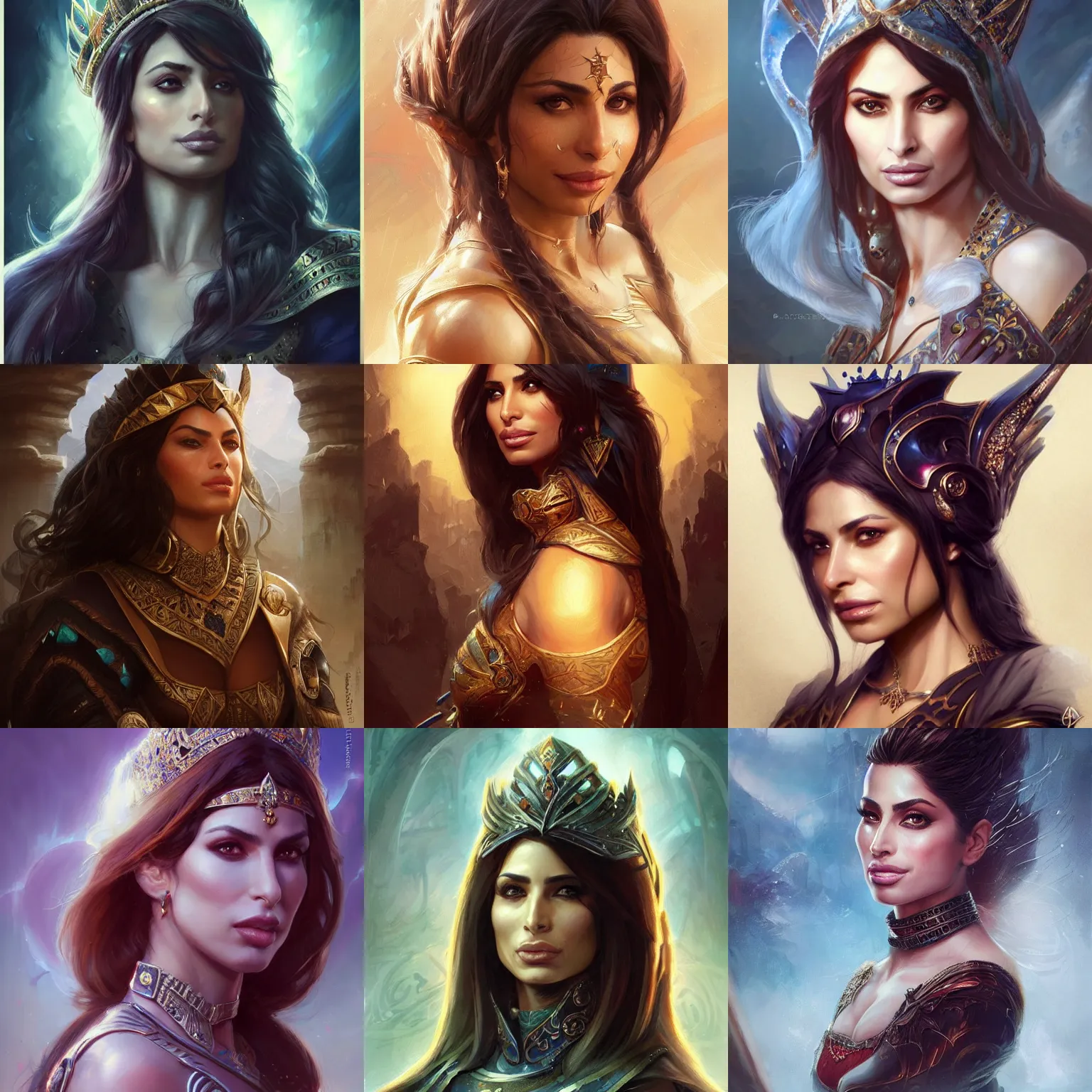 Prompt: persian queen, sarah shahi, d & d, fantasy, portrait, highly detailed, digital painting, trending on artstation, concept art, sharp focus, illustration, art by artgerm and greg rutkowski and magali villeneuve