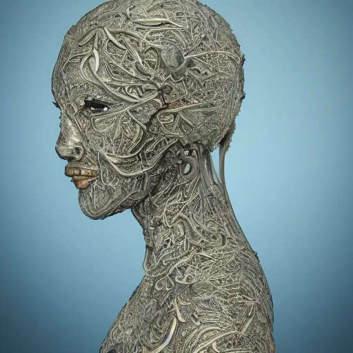 Image similar to beatifull face portrait of a woman, 150 mm, anatomical, flesh, flowers, mandelbrot fractal, facial muscles, veins, arteries, intricate, golden ratio, full frame, microscopic, elegant, highly detailed, ornate, ornament, sculpture, elegant , luxury, beautifully lit, ray trace, unreal, 3d, PBR, in the style of peter Gric , alex grey and Romero Ressendi