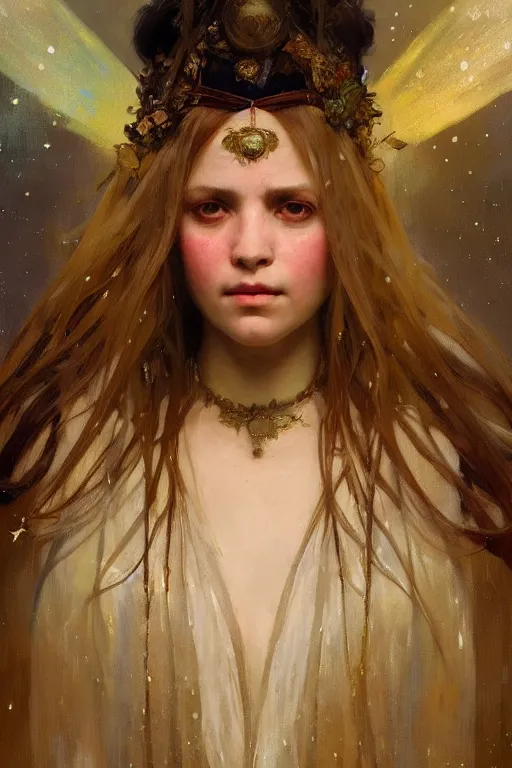 Image similar to hyperrealist portrait of a girl emperorit is decorated with long robes that fall like stars. by jeremy mann and alphonse mucha, fantasy art, photo realistic, dynamic lighting, artstation, poster, volumetric lighting, very detailed faces, 4 k, award winning