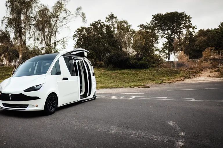 Prompt: car photography of Tesla electric minibus By Emmanuel Lubezki