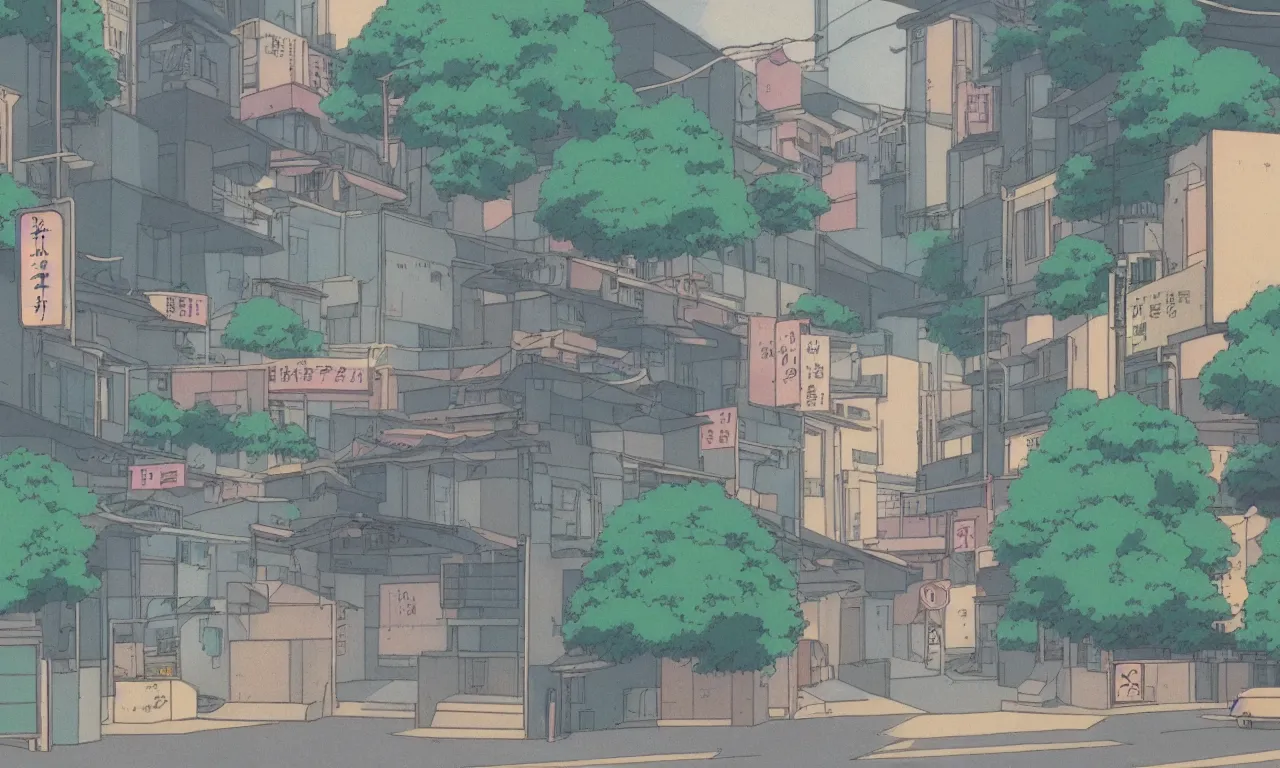 Prompt: A cute aesthetic still frame from an 80's or 90's anime, minimal street in Japan with a waterfall