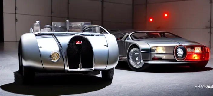 Image similar to a single bugatti type 5 7 sc atlantic and delorean hybrid, dslr, volumetric lighting