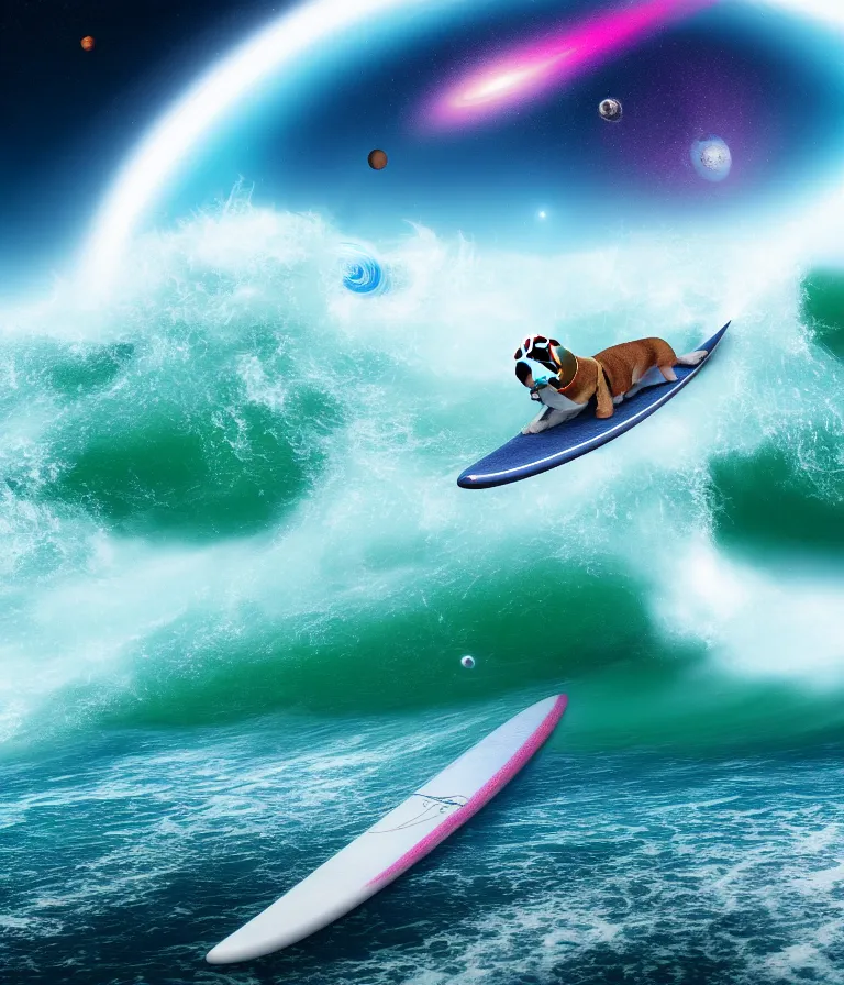 Image similar to beagle dog surfing a surfboard on a crashing l wave of alien ocean in space, background is an alien galaxy, aliens in the background, alien colors, octane render, unreal engine, wide view, 8 k, high detaild