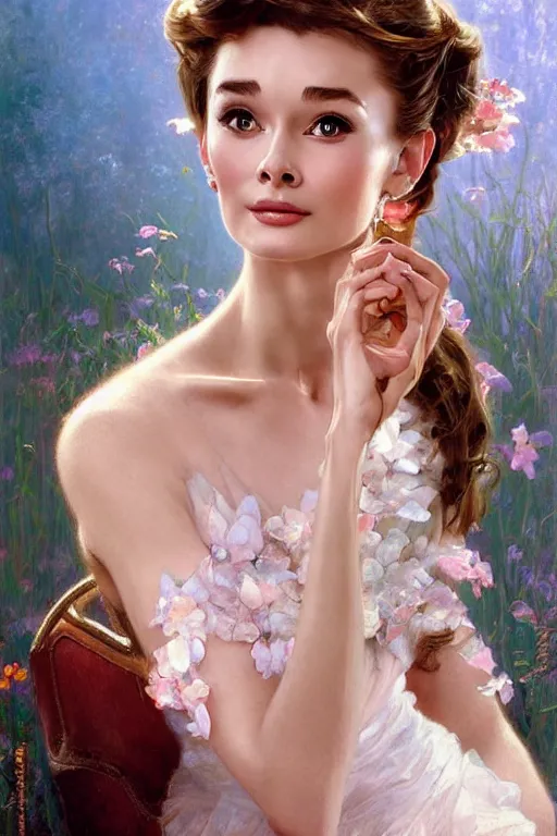 Prompt: young Audrey Hepburn portrait, fantasy, elegant, intricate, delicate, by Stanley Artgerm Lau, greg rutkowski, thomas kindkade, alphonse mucha, loish, norman Rockwell