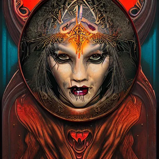 Prompt: necro priestess full bodied tarot card portrait, carved lacquer, sticker, 50’s science fiction, MADHOUSE Studio, portrait female, super detailed, HD, Expressionistic lighting,