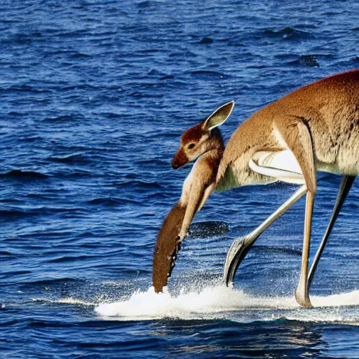 Image similar to scenic photo of a kangaroo standing on a whale. extremely large wings. extreme detail, hyperrealistic photo