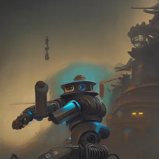 Image similar to robot as an samurai, backround dark, highly detailed, digital illustration, trending in artstation, modern painting, smooth, sharp focus, intricate, by peter mohrbacher