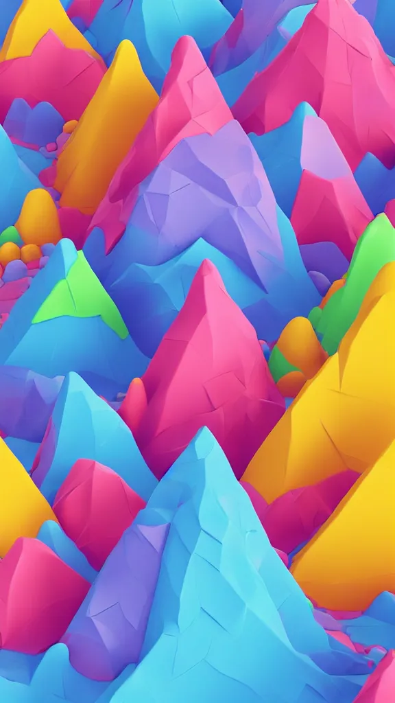 Prompt: a matte 3 d low poly mountain covered in sprinkles and frosting, vibrant colors, lat lighting, cute isometric 3 d render, candyland, highly detailed, trending on artstation, iphone wallpaper