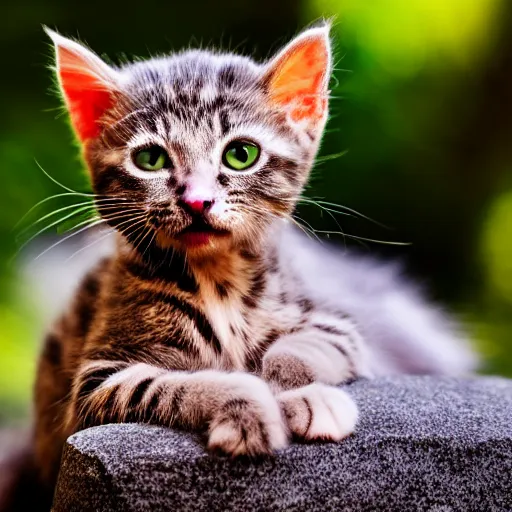 Prompt: a zombie kitten, sitting on the stone, photo taken on a nikon, highly detailed, elegant, sharp focus