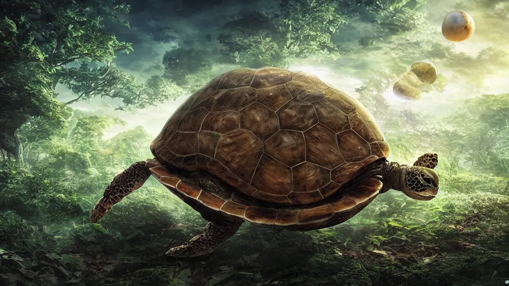 Image similar to the world turtle carrying earth on his back as it floats through space, shell made up of earth, forest shell, fantasy artwork, very very very beautiful scenery, hd, hdr, ue5, ue6, unreal engine 5, cinematic 4k wallpaper, 8k, ultra detailed, high resolution, artstation, award winning