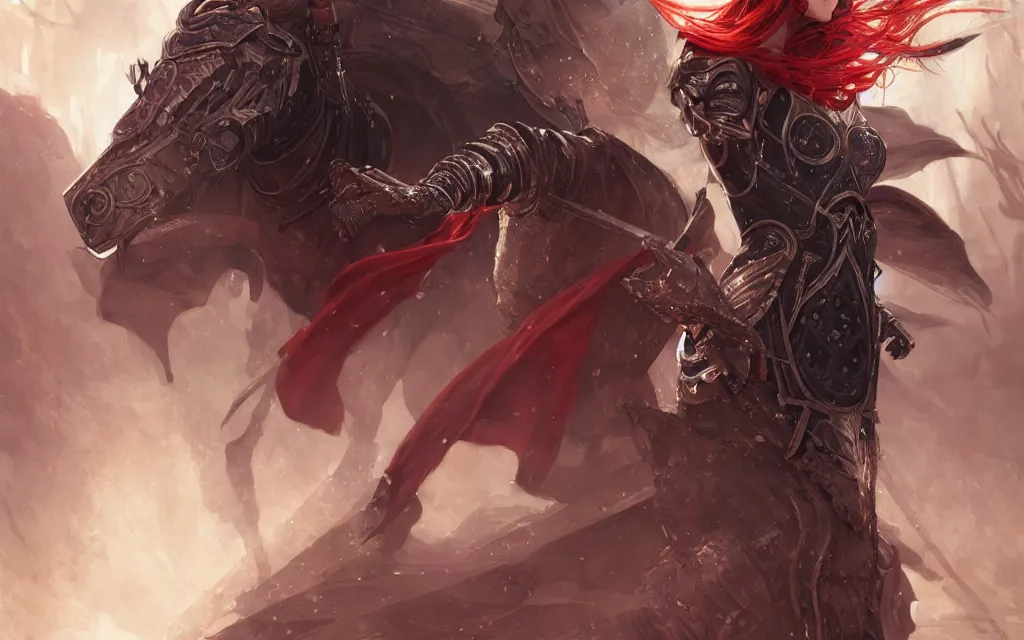 Image similar to knights of zodiac girl + smoky eyes, black and reddish armor, knight fight cinematic shot, in ruined agora of athens, ssci - fi and fantasy, intricate and very very beautiful and elegant, highly detailed, digital painting, artstation, concept art, smooth and sharp focus, illustration, art by tian zi and wlop and alphonse mucha