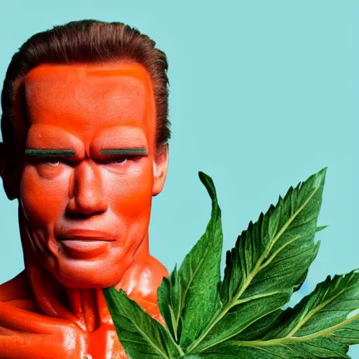 Prompt: photo of a human carrot!!! with the face of arnold schwarzenegger!!! with green leaf!! leaves!! on his head