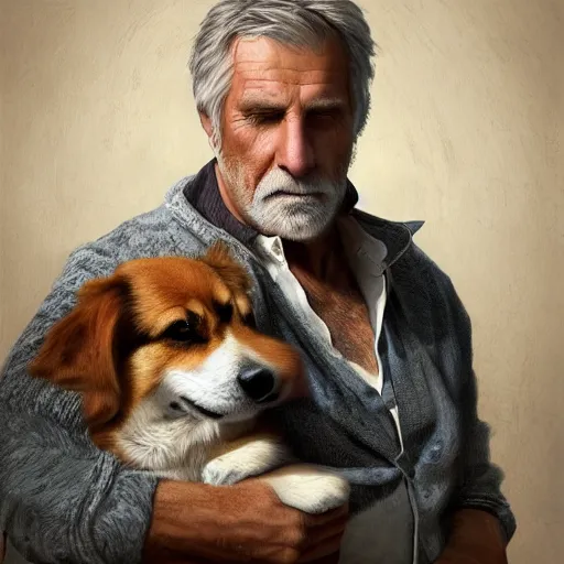 Image similar to portrait of a old, ruggedly handsome man holding a corgi dog, soft hair, muscular, half body, cloth, hairy, d & d, fantasy, intricate, elegant, highly detailed, digital painting, artstation, concept art, smooth, sharp focus, illustration, art by artgerm and greg rutkowski and alphonse mucha