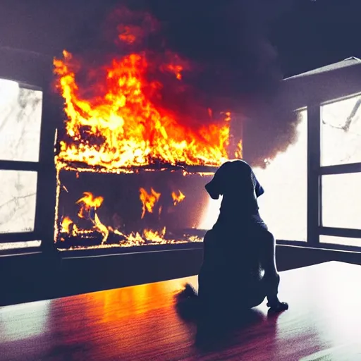 Image similar to a photograph of an humanlike relaxed dog in his house, sitting at a table, ☕ on the table, surrounded by flames, room is on fire, smoke under the ceiling