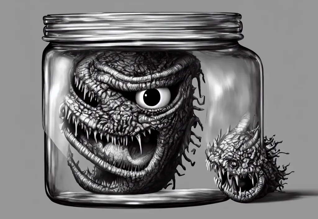 Image similar to Photorealistic miniature monster inside a jar on clean background by H.R. Giger, KDA and Sam Yang, trending on artstation