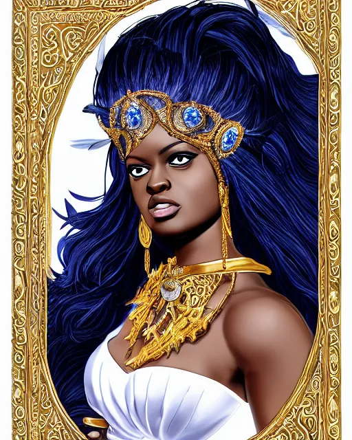 Image similar to portrait of jada fire as a beautiful greek woman +diadem with facemask and feather crest+ long hairs and complex hairdressing+antique greek tunique+symmetric face, symmetric body+gold jewels, collar, earings, rubis, sapphire, topaz,citrite+gods of olympe+ in the style of saint seiya + by Joongwon Jeong and Kei Mieno, artsation, unreal engine render, octane render