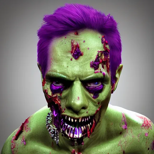 Image similar to zombified purple human with jewels in his skin. portrait by blinx. 4 k octane render.