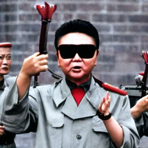 Image similar to filmstill of Kim Jong-il wearing a red bandana and aiming an arc in the role of Rambo, cinemascope, Eastman Color Negative 50T 5251 Neg. Film