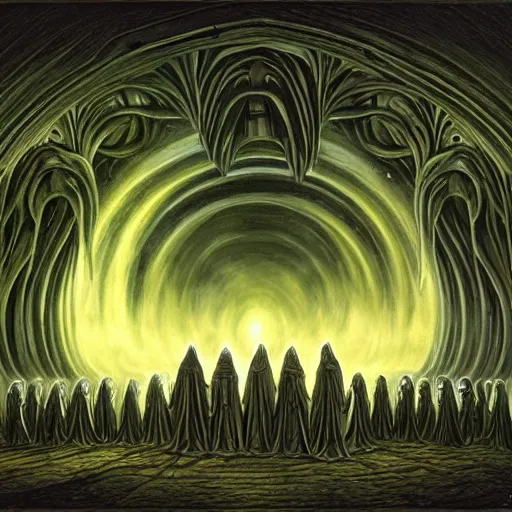 Image similar to a dark cabal of multiple hooded elven mystics in long dark robes gathered in a circular formation around a highly advanced alien computer, dan seagrave art, michael whelan