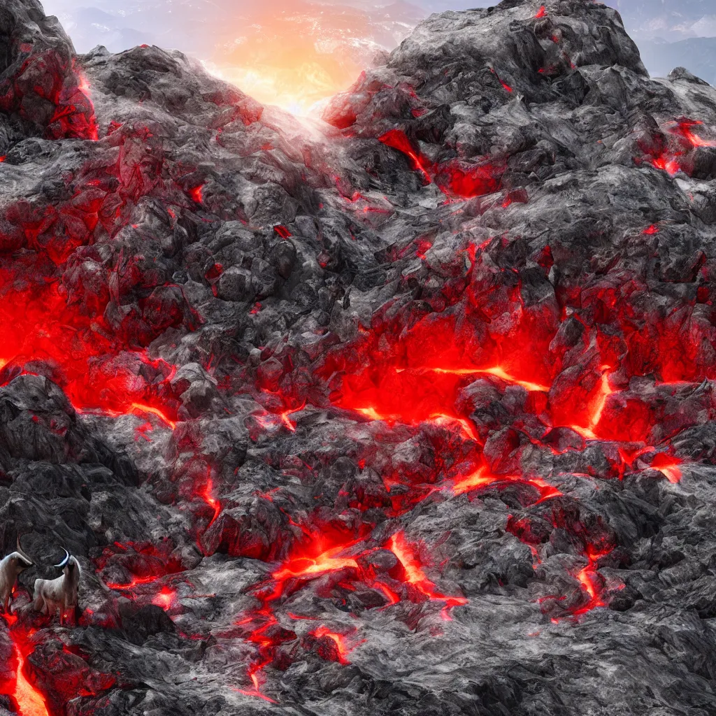 Image similar to satanic mountain goats with glowing red eyes on a sheer obsidian cliffside with lavaflow, lava waterfalls, photorealistic landscape render, octane render, vray, beautiful, ambient occlusion, particle effects, light bloom, rtx