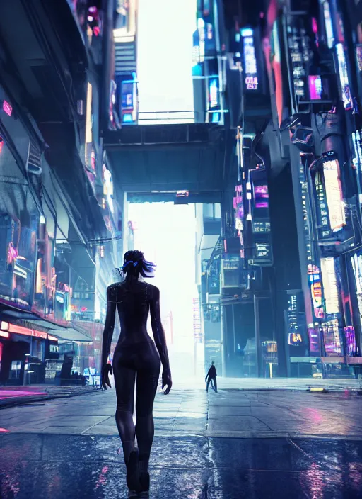 Image similar to photo of a beautiful woman walking through a ( ( ( cyberpunk city ) ) ), full body, hyper realistic, 8 k, dslr, unreal engine, highly detailed portrait