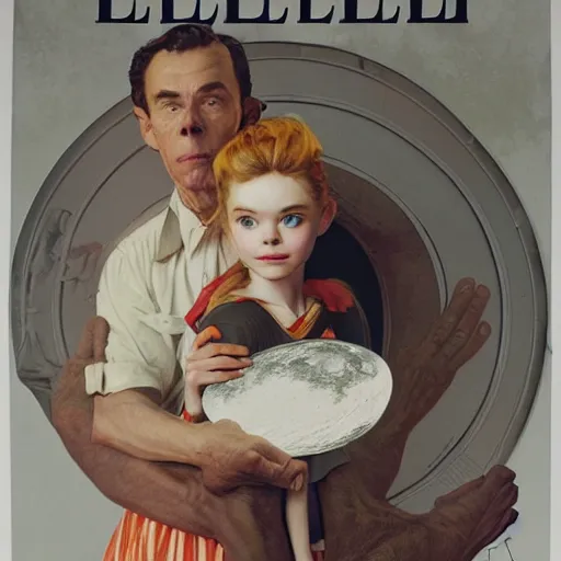 Image similar to Elle Fanning holding the moon, by Norman Rockwell, Extremely detailed. 8K. Award winning.