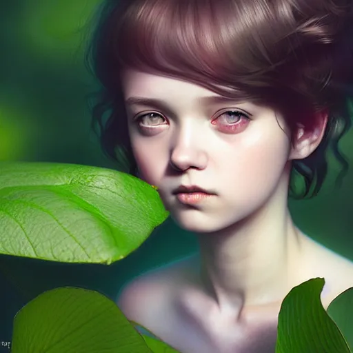 Image similar to very very small little girl by tom bagshaw, sitting on a gigantic green leaf by ilya kuvshinov, rtx rendering, octane render 1 2 8 k, maya, extreme high intricate details by wlop, digital anime art by ross tran, medium shot, close up shot, composition by sana takeda, lighting by greg rutkowski