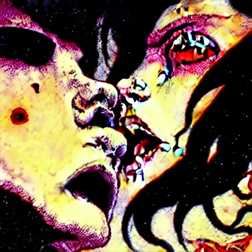 Image similar to closeup of vampire kiss, by yoichi hatakenaka, masamune shirow, josan gonzales and dan mumford, ayami kojima, takato yamamoto, karol bak