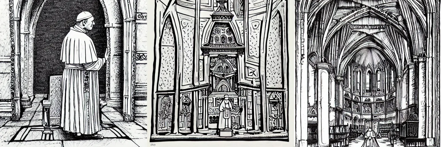 Prompt: an image of a pope in a cathedral, by Nick Blinko, pen and ink, very intricate, detailed, black and white, outsider art