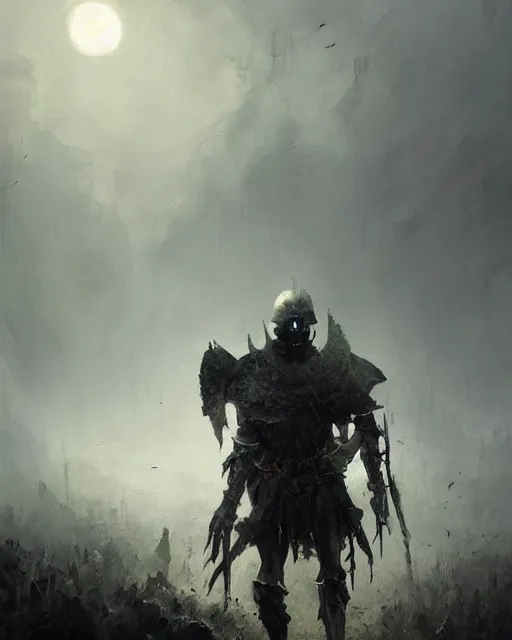 Image similar to Hyper realistic oil painting of an undead knight, knight in the foreground, fog, volumetric lighting, nighttime, moonlight, creepy, by greg rutkowski