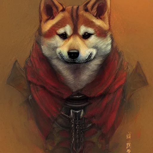 Image similar to anthropomorphic shiba inu, berserk anime the berserker armor, the dragon slayer sword, red aura, fantasy, dark, portrait art by donato giancola and greg rutkowski, realistic face, digital art, trending on artstation, symmetry