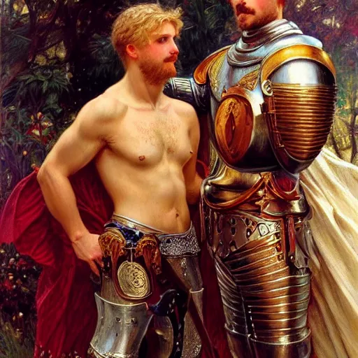 Image similar to attractive fully clothed arthur pendragon confesses his love for his attractive fully clothed male knight. highly detailed painting by gaston bussiere and j. c. leyendecker 8 k