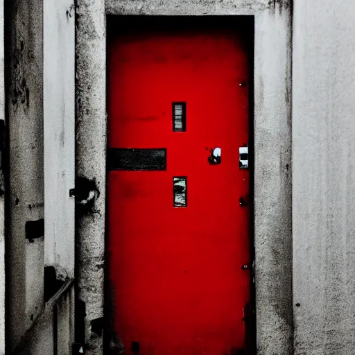 Image similar to a red door floating in a black void,