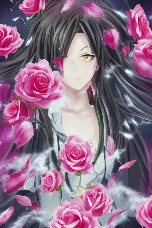 Image similar to anime still, magic invisible blades slicing through a bouquet of white and pink roses, flowers exploding and spraying, big puffy clouds, large rose petals, lotus petals, large polygonal background elements, large polygons, dramatic anime, dramatic lighting, artgerm, manga, trending on artstation, art nouveau, mature colors