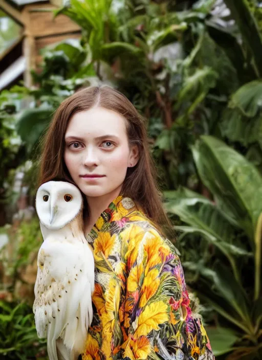 Image similar to portrait photograph of beautiful!!!! young female model, symmetric face!, symmetric eyes, slight smile, natural light, wearing a yellow kimono with a very detailed barn owl! on her shoulder in a tropical greenhouse. looking at the camera!!. super resolution. Extremely detailed. Graflex camera!, bokeh!!!!!.