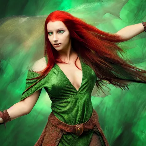 Image similar to a beautiful dnd sorceress with straight red hair a triangular face green eyes and tan skin wearing a green cloak, high resolution film still, 8k, HDR colors, prominent cheeks, makeup