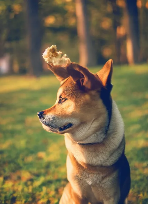 Image similar to Digital art of Shibu Inu smoking, 35mm, f/1.4, Golden Hour light, ,