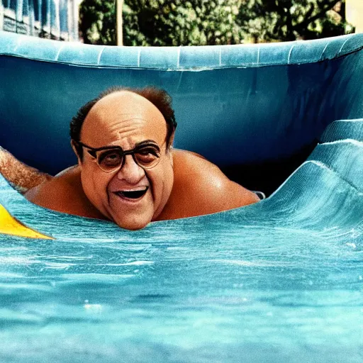 Prompt: danny devito sliding down a very tall waterslide movie still