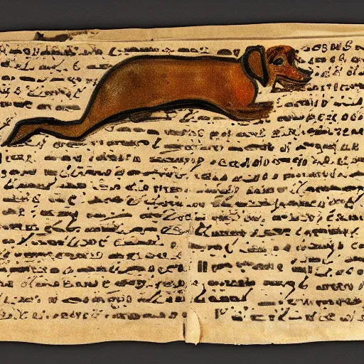 Image similar to fragment of dead sea scrolls with hebrew writing and drawing of a dachshund